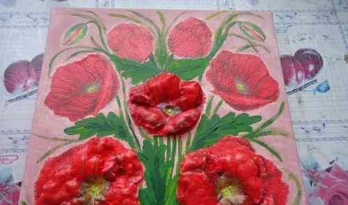 Decoupage pada kanvas Poppies dengan efek 3D